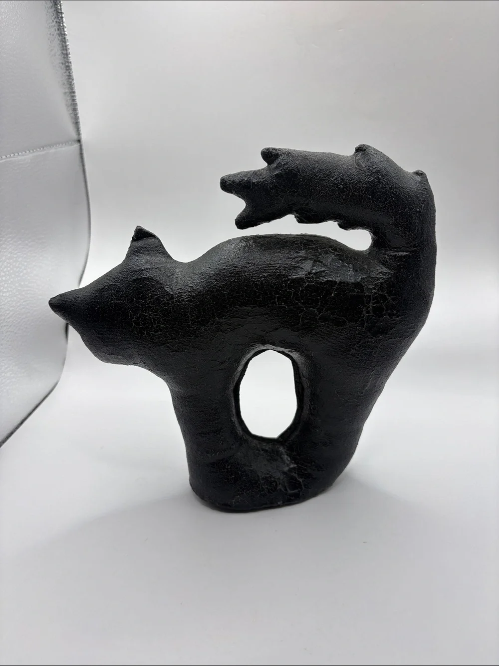 Vintage Primitive Black Cat Figurine 8” Painted Fabric Folk Art Halloween Décor
